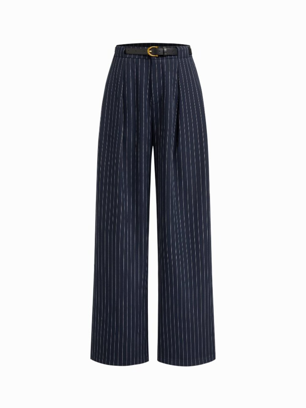 Cider - Navy Mid-Rise Striped Pleated Straight Leg Trousers With Belt